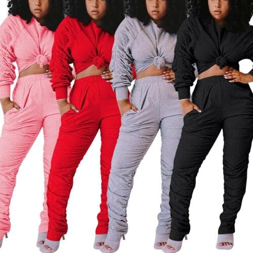 Echoine Women Hop Loose Solid Cotton 2 Piece Set Jogging Matching Set Stacked Pants Suits Sports Casual Lounge Tracksuit Clothes