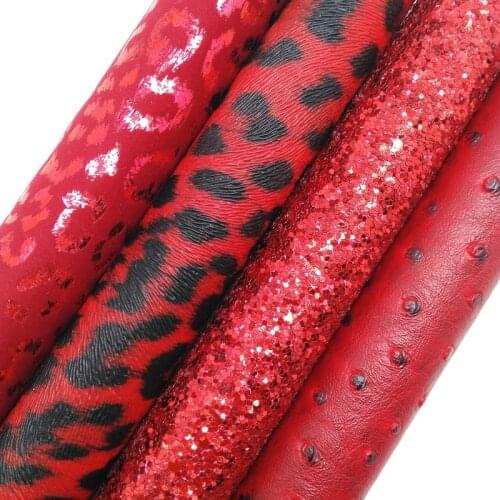 RED Glitter Fabric, Ostrich Synthetic Leather, Leopard Faux Fabric Sheets For Bow A4 21x29CM Twinkling Ming XM007K