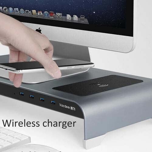 Computer Monitor Storage Bracket With USB 3.0 Hub Wireless Phone Charger Aluminum Alloy Table PC Monitor Mouse Keyboard Shelf
