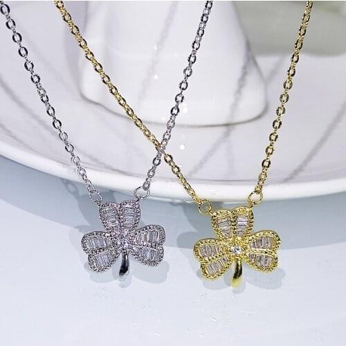 Cute Gold Silver Color Shamrock Pendant with Bling Zircon Stone for Women Statement Choker Long Chain Necklace Fashion Jewelry