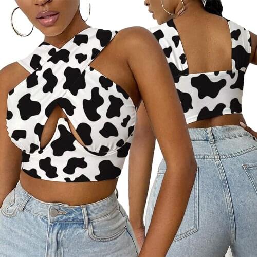 Face Print Crossover Camisole Women Close-fitting Vest Halter Neck Sleeveless Crop Tops Hollow Out Sexy Clubwear Tank Tops