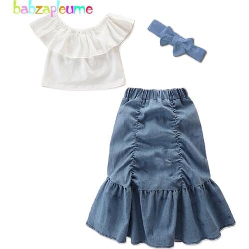 Summer Baby Boutique Outfits For Kids Clothes Fashion Cotton White Children T-shirt+Denim Skirt Little Girls Clothing Set BC2073