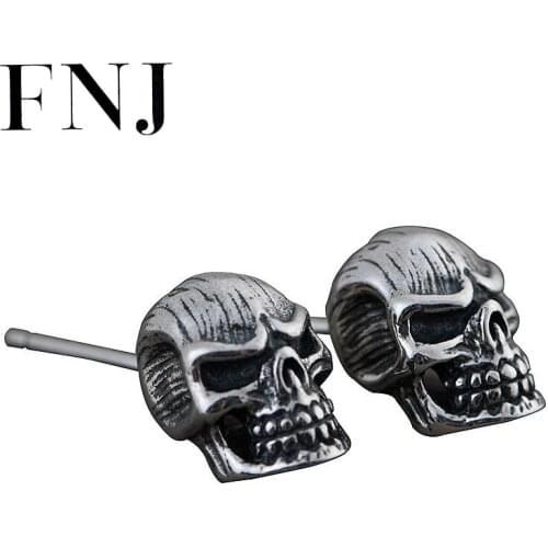FNJ Punk Skull Earrings 925 Silver Original Pure S925 Sterling Silver Stud Earring for Men Jewelry
