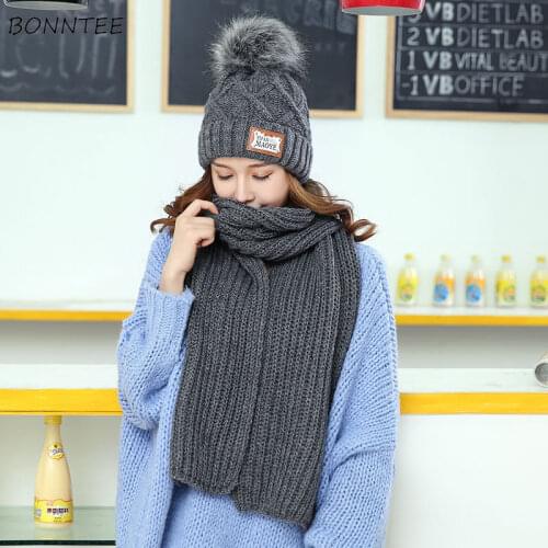 Scarf and Hat Set Women Thicker Knitted Solid Simple Chic Student Cute Hats Korean All-match Womens Neck Protection Scarfs Warm