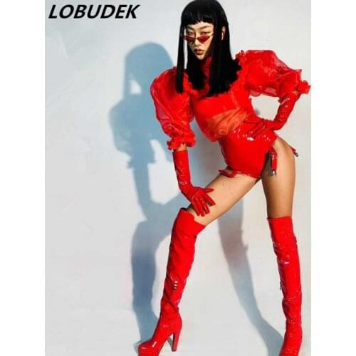 Nightclub Bar DJ Women Singer Leading Dancer Costume Team Dance Outfit Jazz Dance Clothes (Tops+Shorts+Gloves) Red 3-Pieces Set