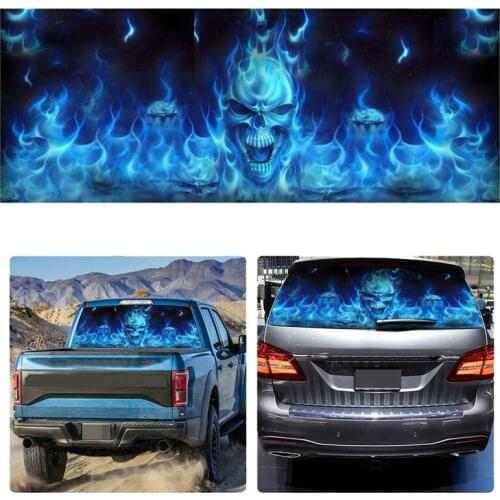 One Way Vision for Truck Suv Pickup Blue Flaming Skull 3D Rear Windshield Decal Sticker Decor Rear Window Glass Poster