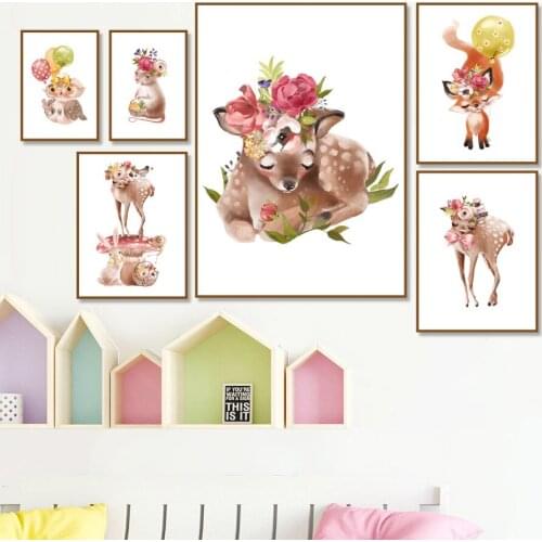 Cartoon Flower Balloon Fox Owl Deer Rabbit Wall Art Canvas Painting Nordic Posters And Prints Animal Wall Pictures For Kids Room