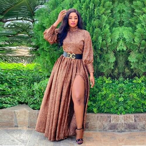 African Leopard Print Maxi Dress Women Autumn Stand Collar Long Sleeve Split Dress Africa Clothes African Dresses For Women 2021
