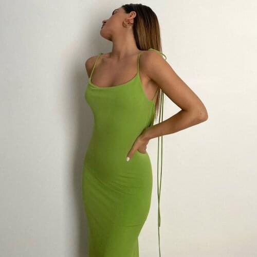 Zoki Sexy Dress Women Solid Slim Fit Camis Lace Up Backless Sleeveless Club Party Green Midi Female Dress Summer Fashion New2021