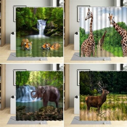 Wild Animal Shower Curtain Tiger Elephant Elk Giraffe Spring Natural Scenery Pattern Bathroom Decor Polyester Cloth Curtains Set