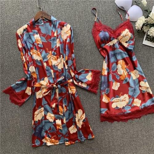 Smmoloa Spring Autumn Sexy Silk Two-piece Robe Sets Lace Nightgown Robe Set Sexy Sleepwear