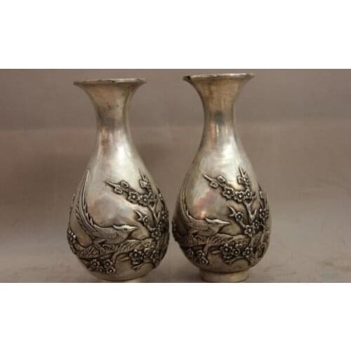 Song voge gem S1543 China White Copper Silver Plum blossom Flower Bird Blessing Fu Pot Vase Pair