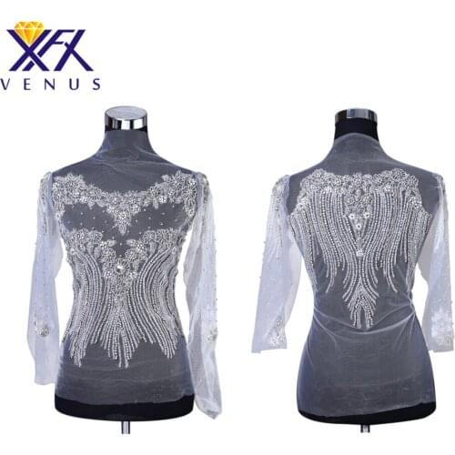 XFX VENUS 1 Set Handmade Crystal Long Sleeves Wedding Patches Rhinestone Beaded Appliqued Wedding Dress Trimming Patch