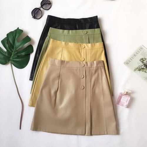High Quality Pu Leather Skirt A-line Skirt 2021 Spring And Summer Korean Womens Irregular Button Pleated Skirt Skirt