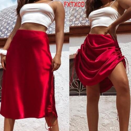 2021 New Design 2 Wear Method Women Skirt With Drawstring Dark Red Zipper Back Tea Length Office Lady Satin Skirt Custom Made