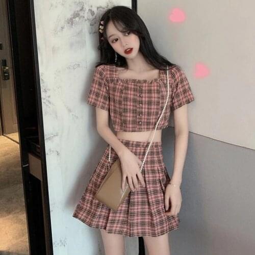 Summer Pink Plaid Pleated Skirt Women Sweet Japan Vintage Mini Skirt JK Two Piece Suits Short Tops+Skirts