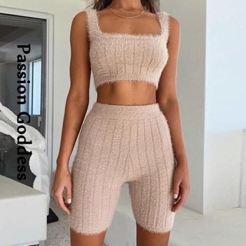 Women 2 Piece Fluffy Fur Sets Plush Sweater Tank Top Five Leggings Slim Shorts Knitted Wool Suits Warm Fuzzy Two Piece Outfits