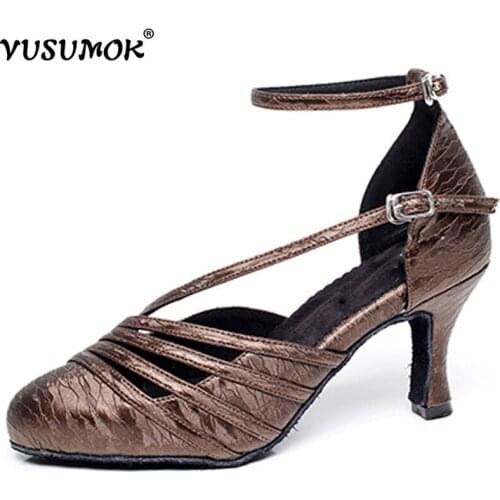 VUSUMOK Modern black velvet net Women Latin Tango Salsa Ballroom Dance Shoes Girls Tango Shoes Square Lace Heels Plugs size