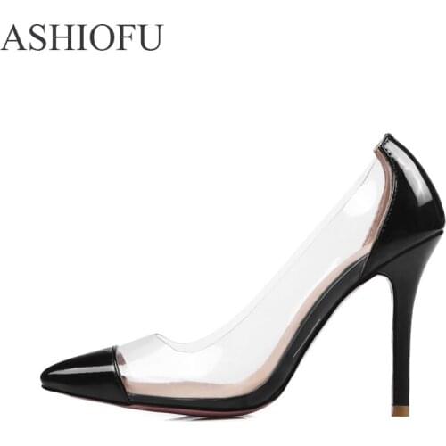 ASHIOFU New Women High Heel Pumps See-through PVC Leather Sexy Party Prom Shoes Fashion Club Evening Court Shoes