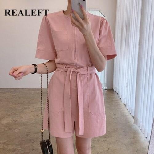 REALEFT 2021 New Summer Elegant Womens Jumpsuits Sashes Chic High Waist Zipper Puff Sleeve Pink Female Rompers Pockets Ladies
