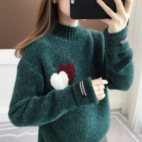 Heart Pattern Brown Knitted Sweater Women Pullovers 2021 New Autumn Winter Elegant Vintage Female Oversize Chic Tops Clothing
