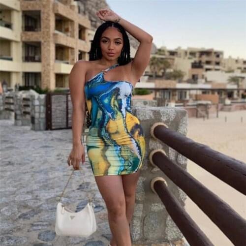 2021 Summer New Womens Sexy One-Shoulder Fashion Print Halter Slim Fit Hip Dress Women Blue Sexy Print Split Open Back Slant Co