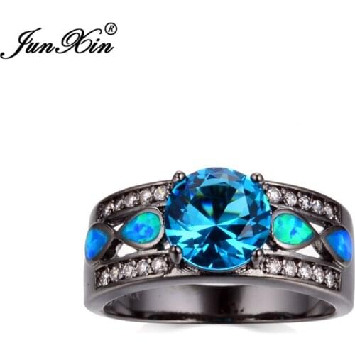 JunXin Vintage Style Jewelry Women Wedding Light Blue Opal&Zircon Rings 10KT Black Gold Filled Engagement Ring RB0265