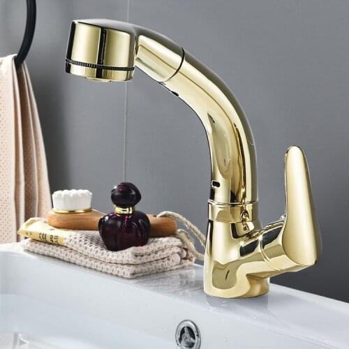 Gold Bathroom Basin Mixer Pull Out Faucets Elevated Flexible Basin Sink Mixer Single Handle Hot and Cold Faucet Bathroom Faucet
