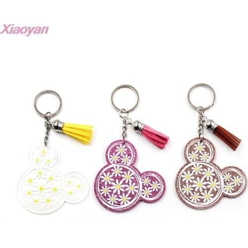 1piece) -Acrylic mouse head daisy flower Keychain, Women Gift Glitter Acrylic Keychain
