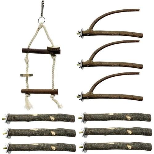 10pcs Bird Parrot Swing Toys Chewing Standing Hanging Perch Hammock Climbing Ladder Bird Parrot Perch Stand Set Wooden Bird
