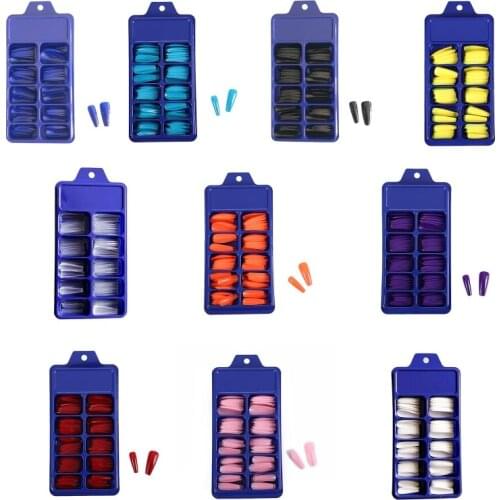 100Pcs Solid Candy Color Full Cover Coffin False Fake Nails Tips Fingernails Manicure Decoration Beauty Tools with Storage Case