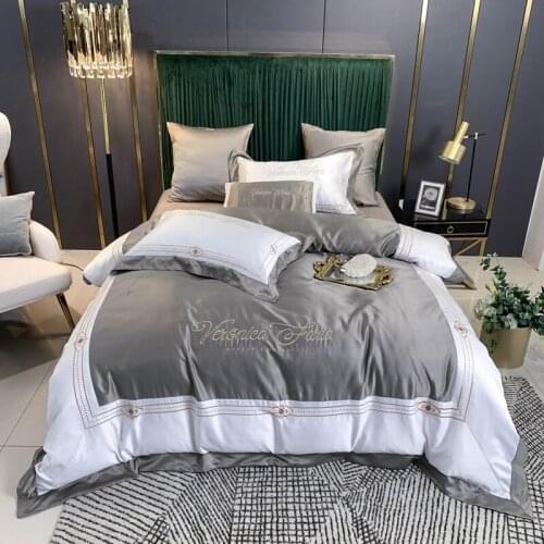 2020 Glossy Satin Cotton Classical design Bedding Set Embroidery Duvet Cover Set Bed Sheet Pillowcases Queen King Size 4pcs