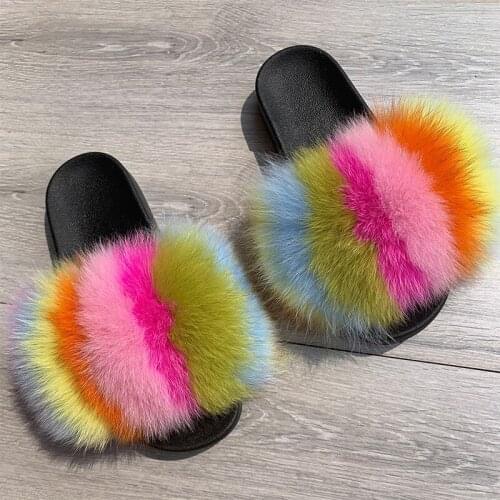 2021Summer Women Fox Fur Slippers Ladies Luxury Slides Female Furry Sandals Fluffy Shoes Girls Cute Plush Flip Flops Large Size