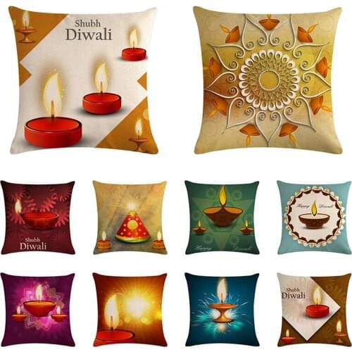 45*45 cm Linen Happy Shubh Diwali Style Cushion Cover Printing Home Decorative Pillow Cover for Sofa Car Cojines ZY867
