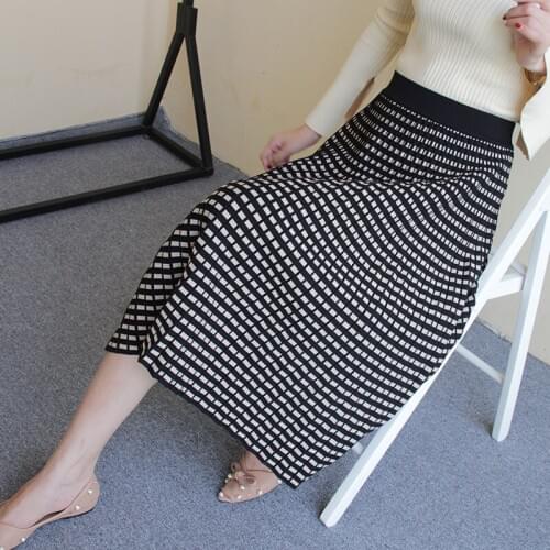 Free Shipping 2019 New Fashion Long Mid-calf Women A-line Skirts Elastic Waist Autumn And Winter Stretch Plaid Ladies Skirts