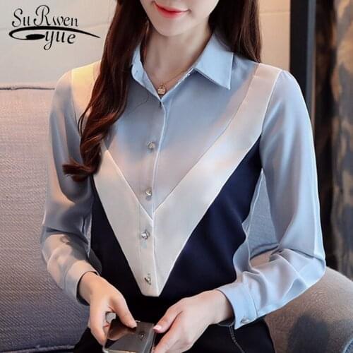 Blusas Mujer De Moda 2021 OL Long Sleeve Korean Chiffon Blouse Solid Women Tops Spliced Ladies Tops Button Shirts Women 8460 50
