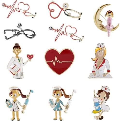 HEYu Nurse Brooch Stethoscope Electrocardiogram Heart Shaped Pin Nurse Doctor Backpack Lapel Jewelry