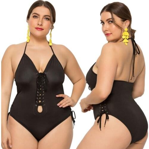 Black Trim Waist Triangle One-Piece Swimsuit Sexy Backless Beach Vacation Swimsuit Beach Swimwear 2XL-5XL SW358