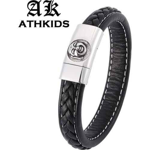 Punk Black Braided Leather Bracelet Men Jewelry Laughing Buddha Pattern Steel Magnetic Buckle Trendy Charm Wristband Gift PD0350