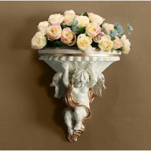 European Style Wall Hanging Resin Angel Vase+Silk Flower Wall Decoration TV Background Mural Pendant Creative Wall Ornament Art