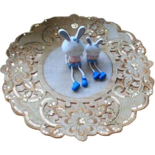 2021Hot lace gold sequin table placemat pad Cloth embroidery wedding placemat cup mug Christmas tea coffee coaster doily kitchen