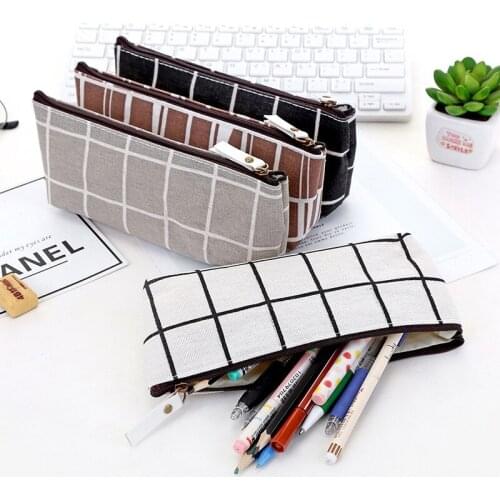 Canvas Geometric Plaid Pencil Bag Case School Simple Striped Grid Solid Color Cute Case Pouch Office Students Kids Supplies