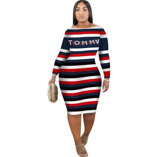 Contrast Color Striped Letter Printed Plus Size Dresses For Women Celebrity Fashion Long Sleeve Bodycon Midi Vestidos Wholesale