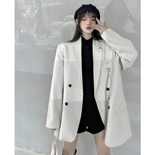 Womens Trendy Harajuku Black Chain Retro Blazer Thin Streetwear Suit Jacket Women 2021 Spring Autumn Loose Personality Coat