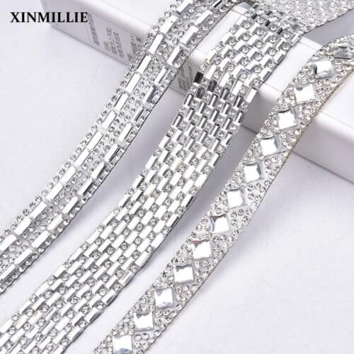 2yard/Lot Hotfix Rhinestone Trim Clear Crystal Ribbon 1.2cm Width Strass Chain Tape Fabric Applique Banding For Wedding Dress
