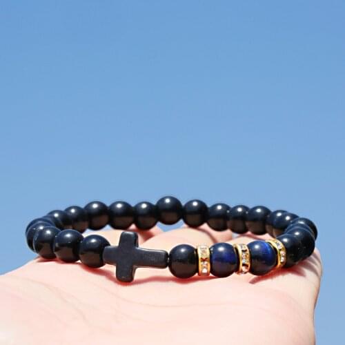 Trendy Jesus Cross Natural Stone Men Bracelet Black Lava Stone 8mm Black Beads Bracelets Bangles for Women Yoga Jewelry