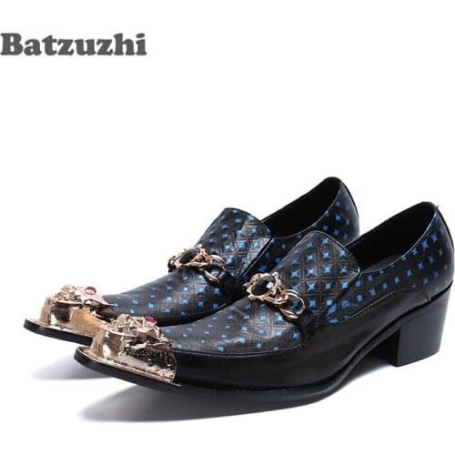 Batzuzhi Italian Leather Mens Dress Shoes Vintage Pointed Metal Tip Business Leather Shoes Men 6.5cm High Heel Shoes Men,US6-12