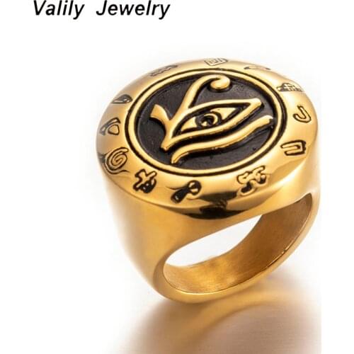 Valily Mens Stainless Steel Egypt Eye of Horus Ring Gold Round Top Signet Protection Symbol Rings Jewelry for Man