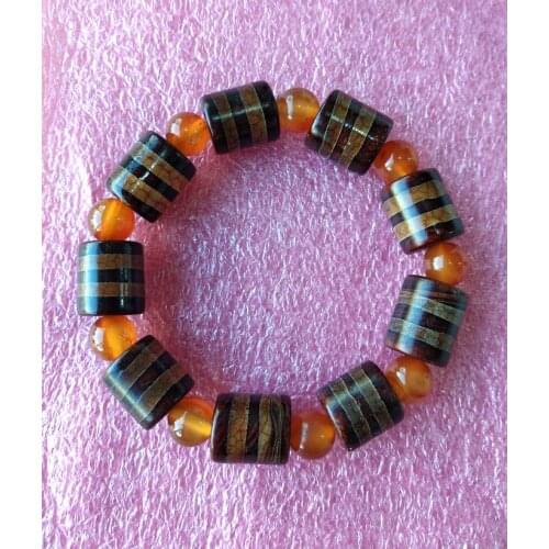 Natural Brown thread Vein Tibetan Dzi Bead Bangle with agate mala Bead bracelet Amulet