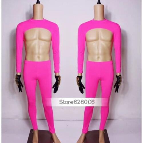 Novelty Mens Sexy Perspective Fluorescent Pink dress costumes Nightclubs male singer DJparty Show performance stage wear